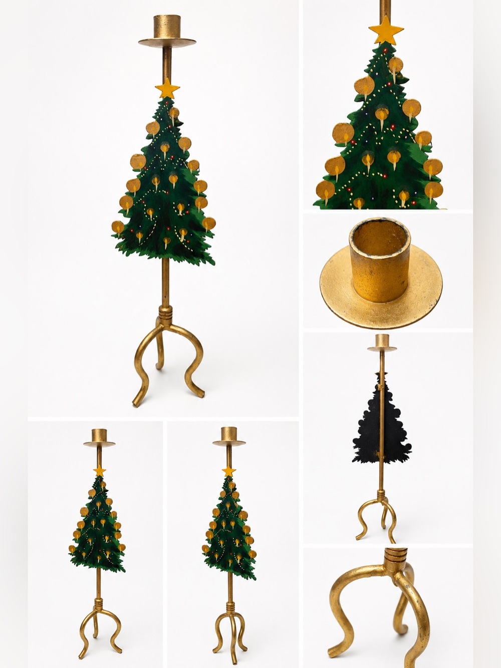 🎄 Vintage Hand-Painted Folk-Art Metal Christmas Tree Candle Holder